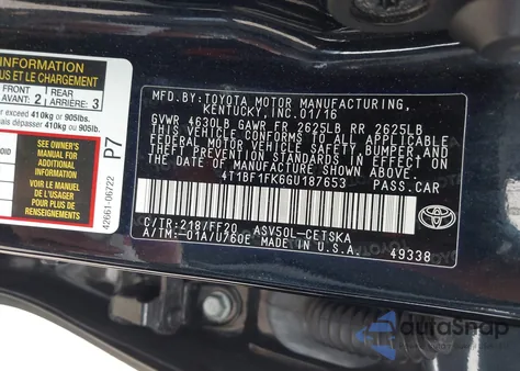 2016 Toyota Camry Se из США, поврежденный, VIN 4T1BF1FK6GU187653